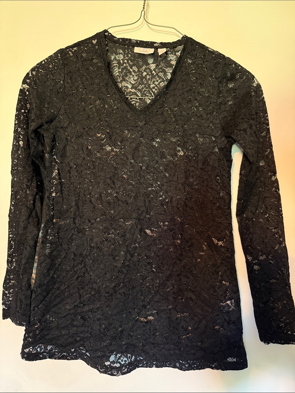 Black Lace V-Neck Long Sleeve Top by Logo Layers XS